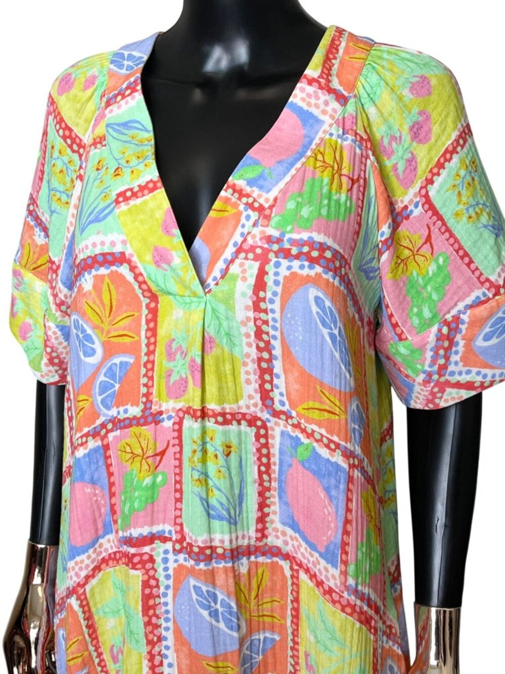 Karlie Fruit Print Gauze Maxi Dress Size Small Cotton Lined Pockets Boho - Picture 7 of 9